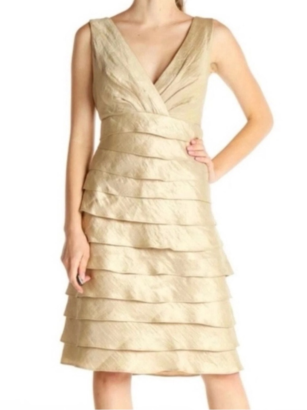 London Times Womens Tiered Dress Size 14 Gold Shimmer Ruffled Cocktail Evening